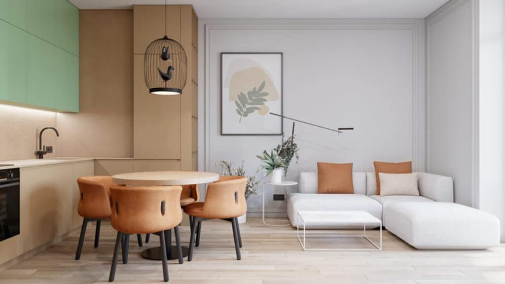 a sage green and apricot living room scheme