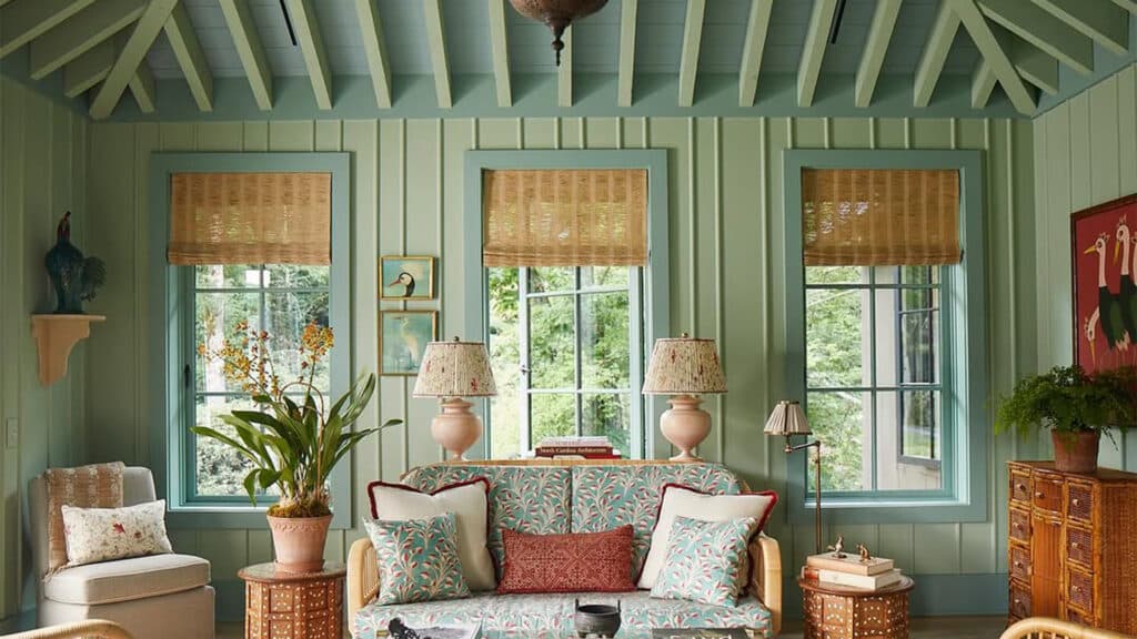 a seafoam green and light blue living room interior