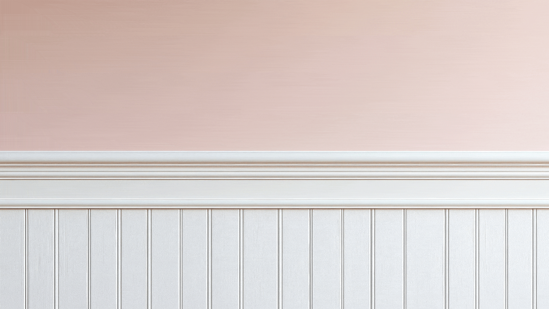 A pink wall featuring painted white wood panelling.